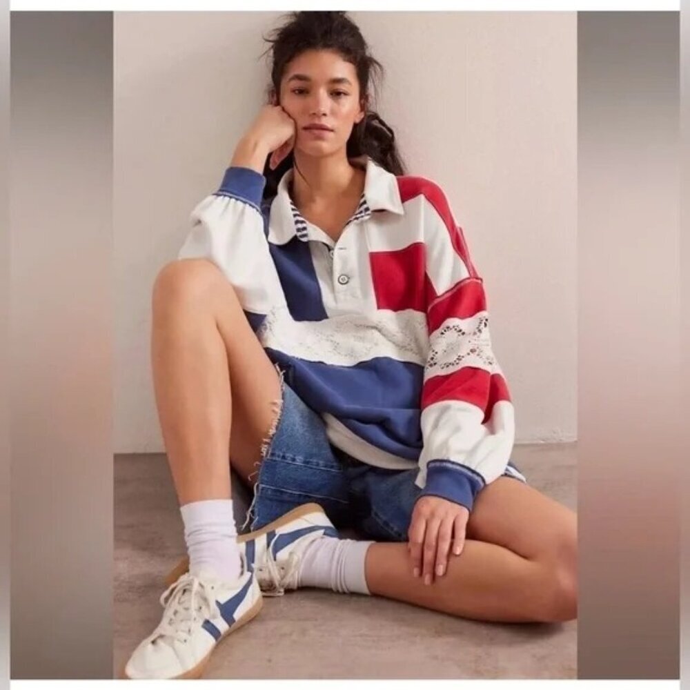 Free People We the Free American Dream Polo Pullover Size XL Oversized